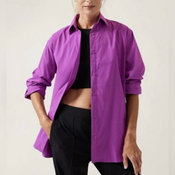 Athleta Oversized Poplin Button Down Blouse, Long Sleeve, Jazzy Purple, Size XS - Picture 1 of 15